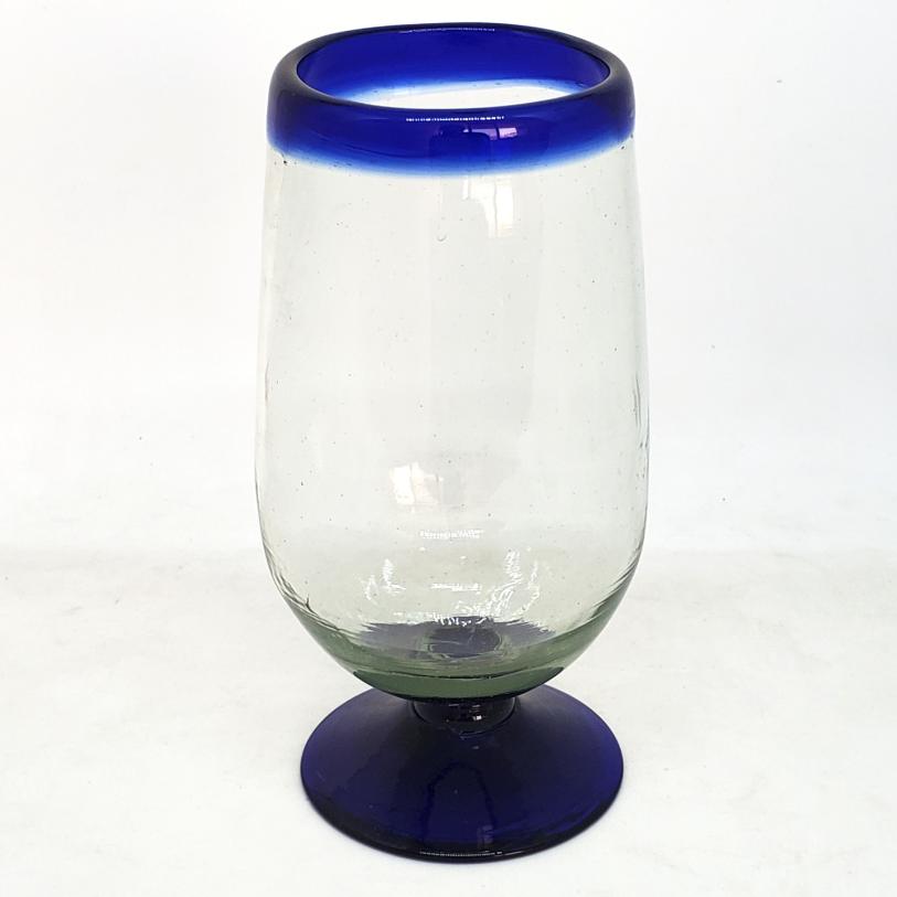 Wholesale MEXICAN GLASSWARE / Cobalt Blue Rim 17 oz Tall Water Goblets  / These tall water goblets will embellish your table setting and give it a festive feel. Made from authentic hand blown recycled glass.